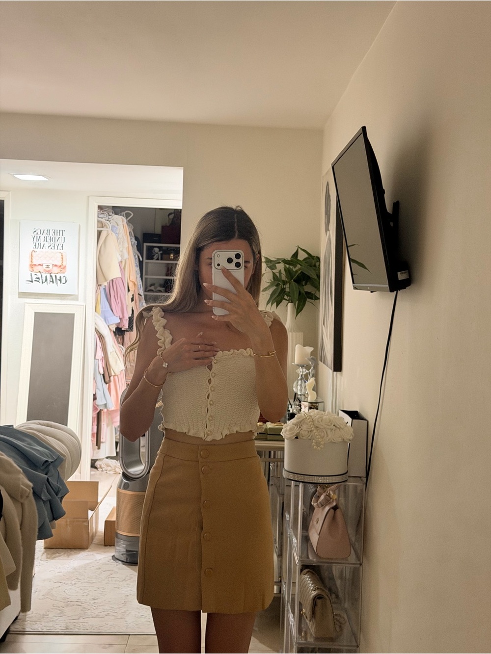 Women’s High-Waist Button Front Mini Skirt in Camel